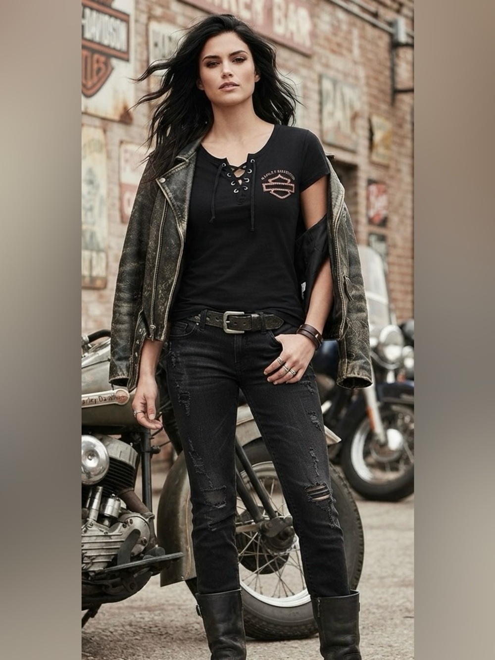 Harley-Davidson Black Lace-Up Short Sleeve Tee with Copper Logo - Picture 9 of 11